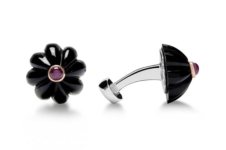 Cufflinks flower black onyx with rubies
