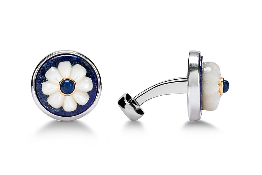 Cufflinks mother of pearl flower with gold and lapis lazuli