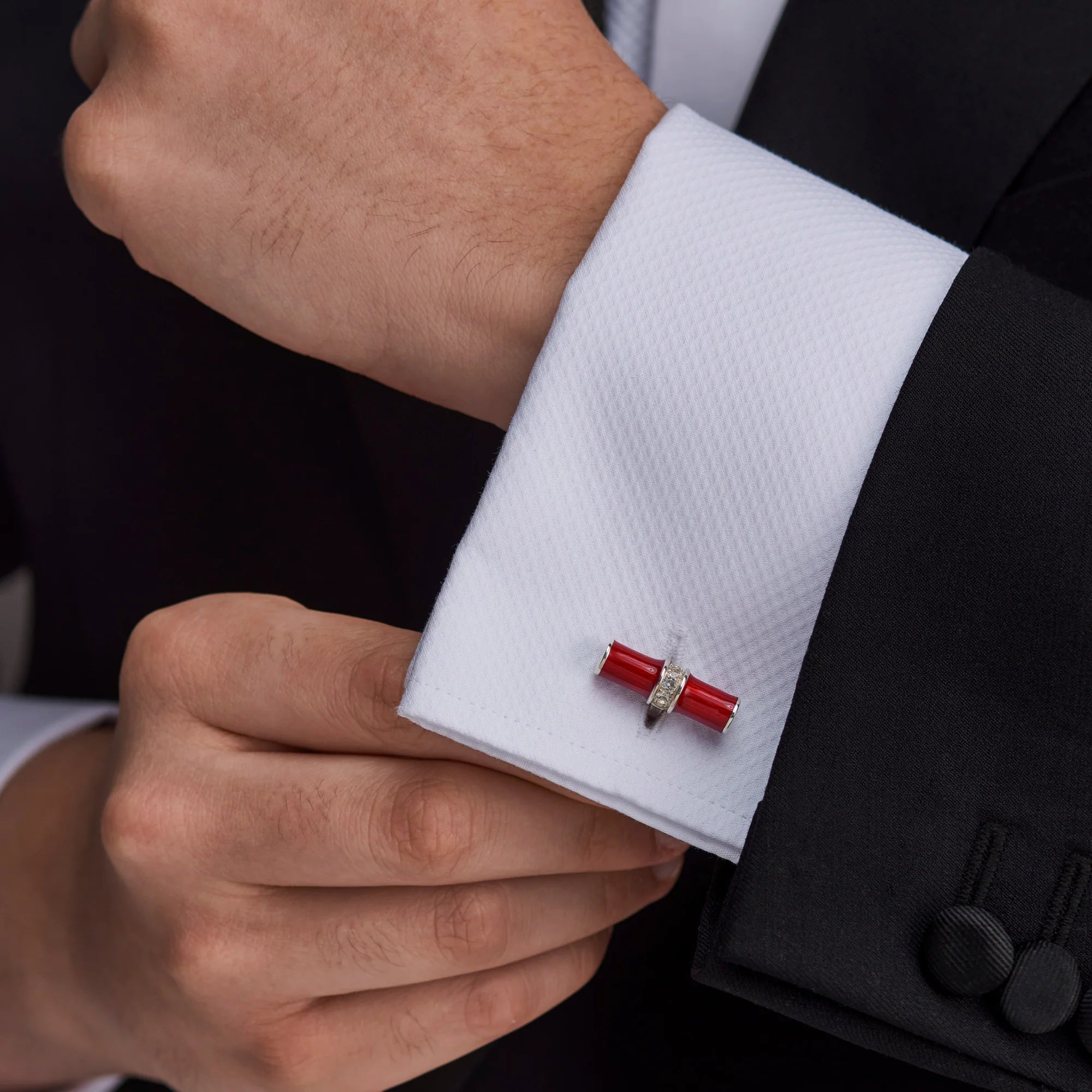 Sterling Silver Red Enamel & White Spinel Centre Bar Cufflink