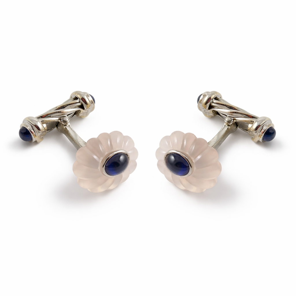 Flower Shaped Cufflinks with Sapphire Centre, 18ct WG