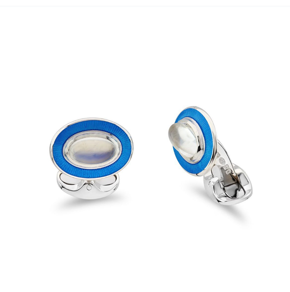 Oval Cabochon Moonstone cufflinks with blue enamel Boarder