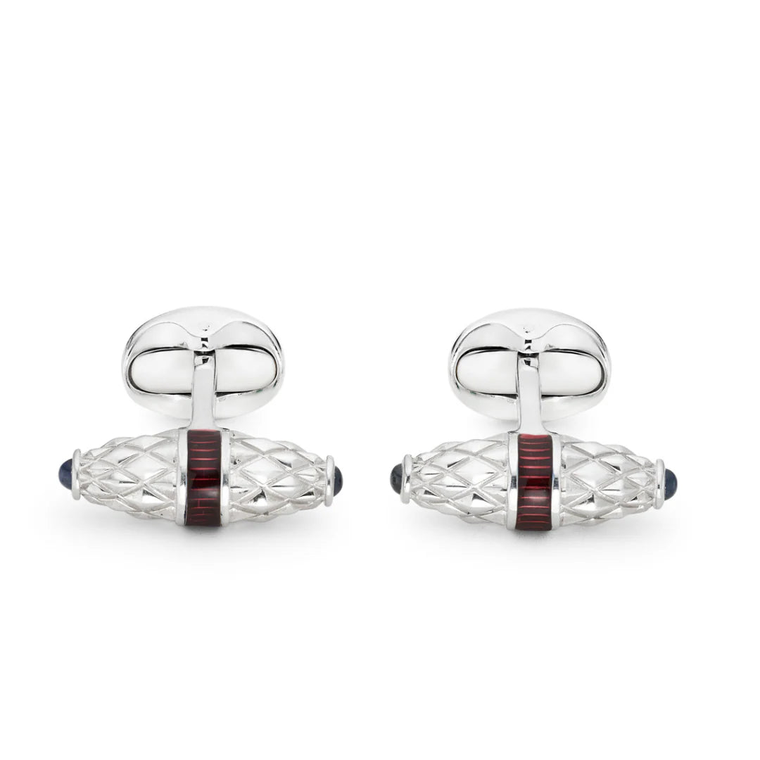 Sterling Silver Fancy Bar Cufflinks With Red Enamel Centre And Sapphire Ends