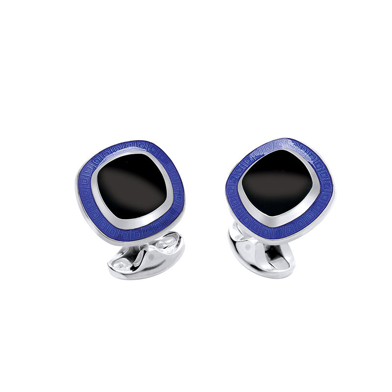 Cushion Shape Black and Blue Enamel Cufflinks in Sterling Silver