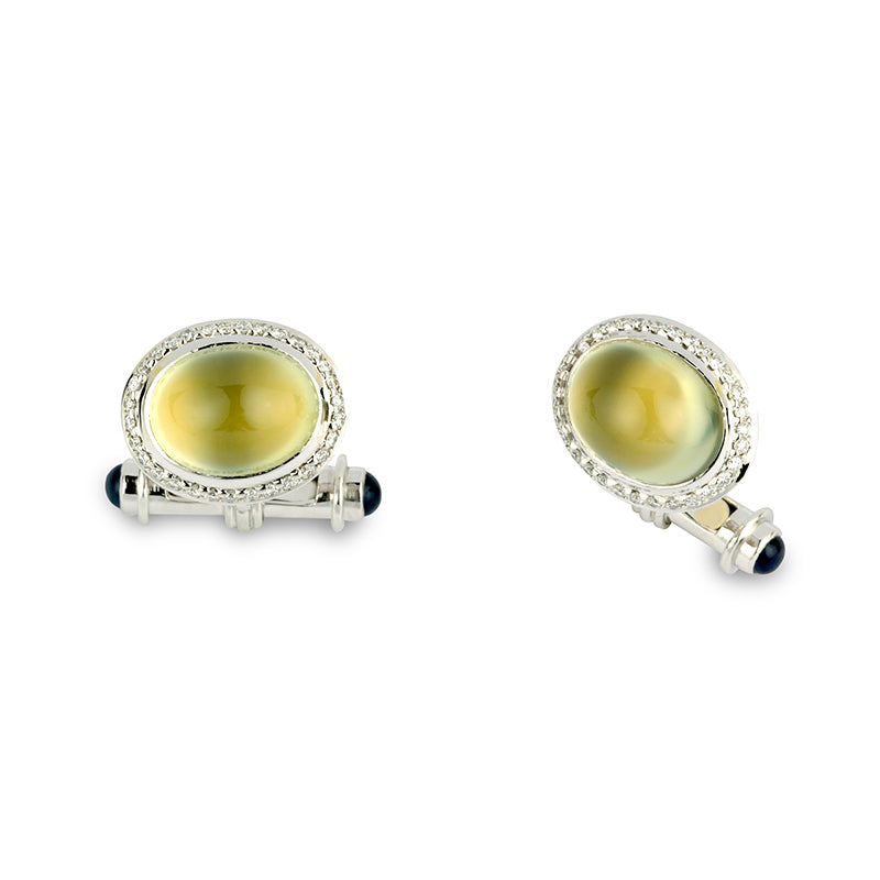 Prehnite cufflinks with Diamond border in 18ct WG