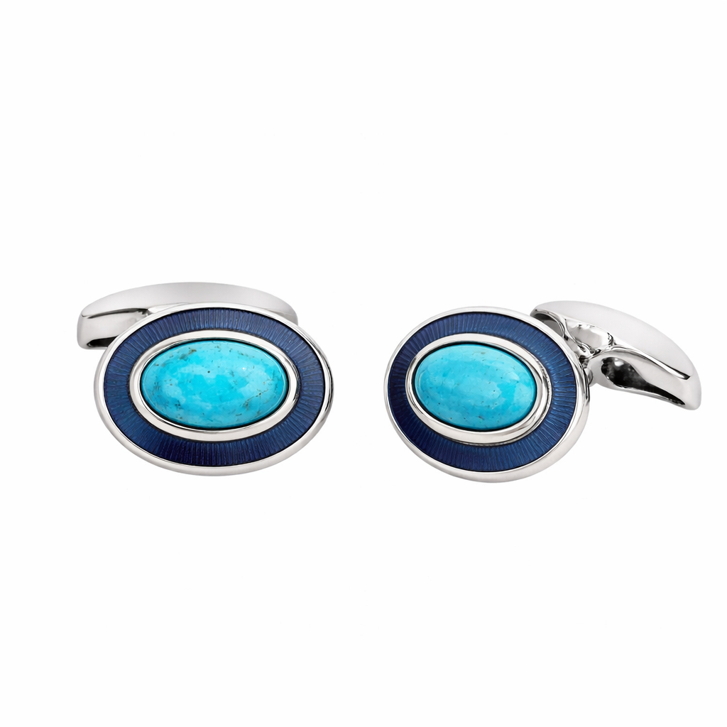 Oval Sterling Silver cufflinks with Turquoise & enamel border