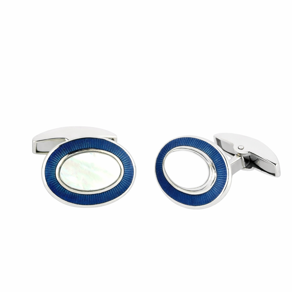 Oval Sterling Silver cufflinks with MOP & enamel border