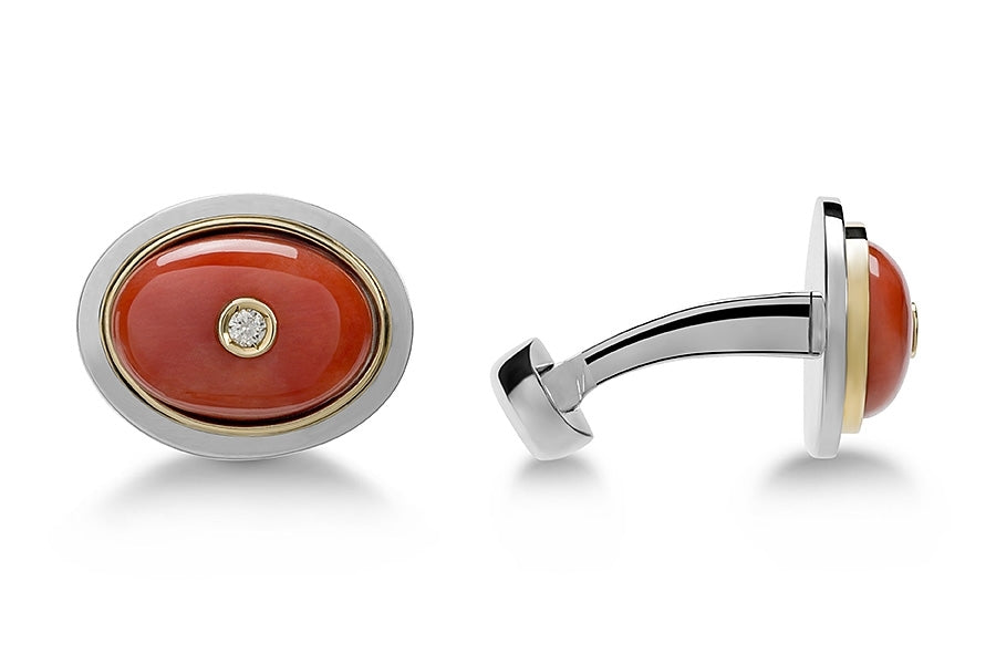OVAL RED CORAL CUFFLINKS WITH DIAMONDS