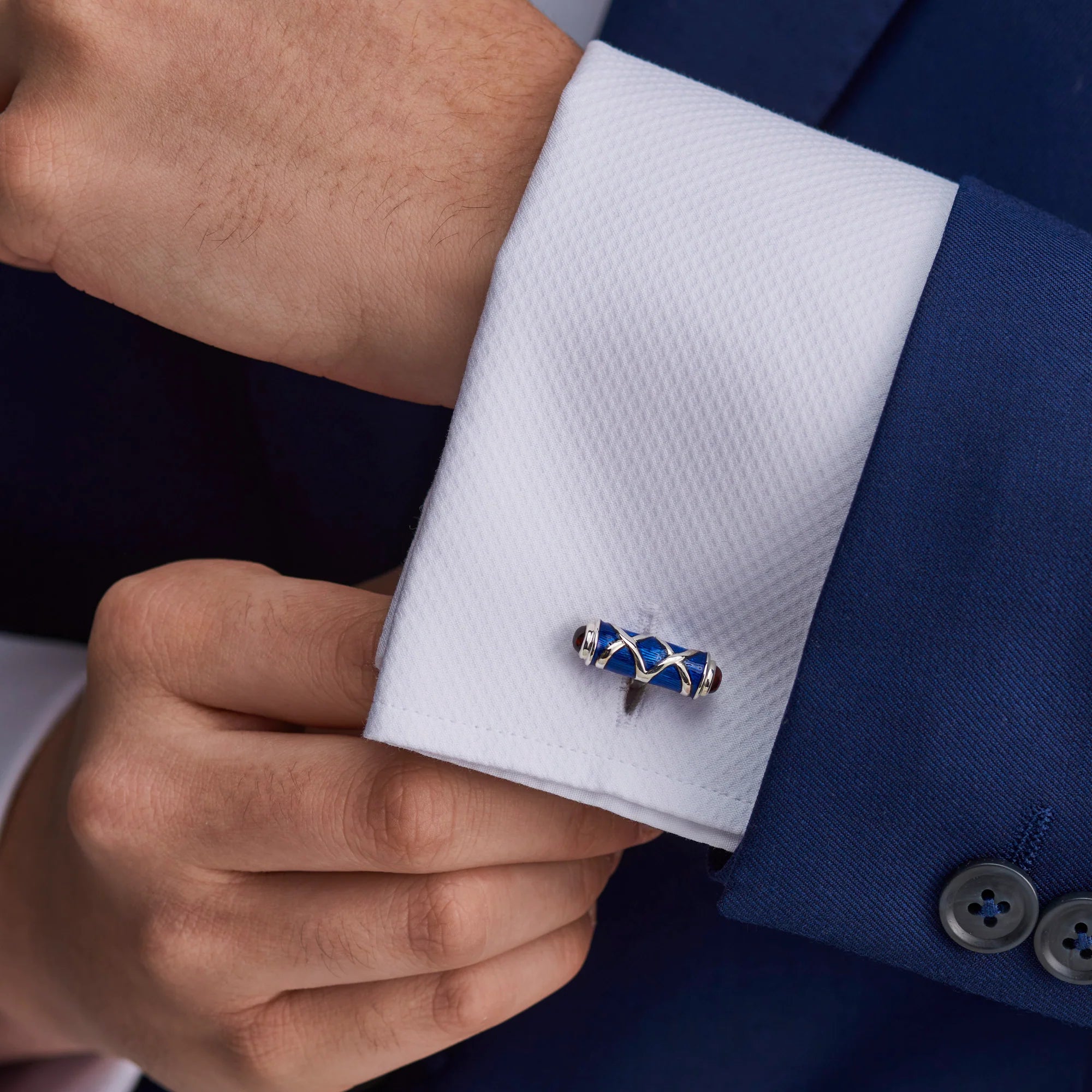 Sterling Silver Blue Cross Hatch Design Cufflinks with Sapphire