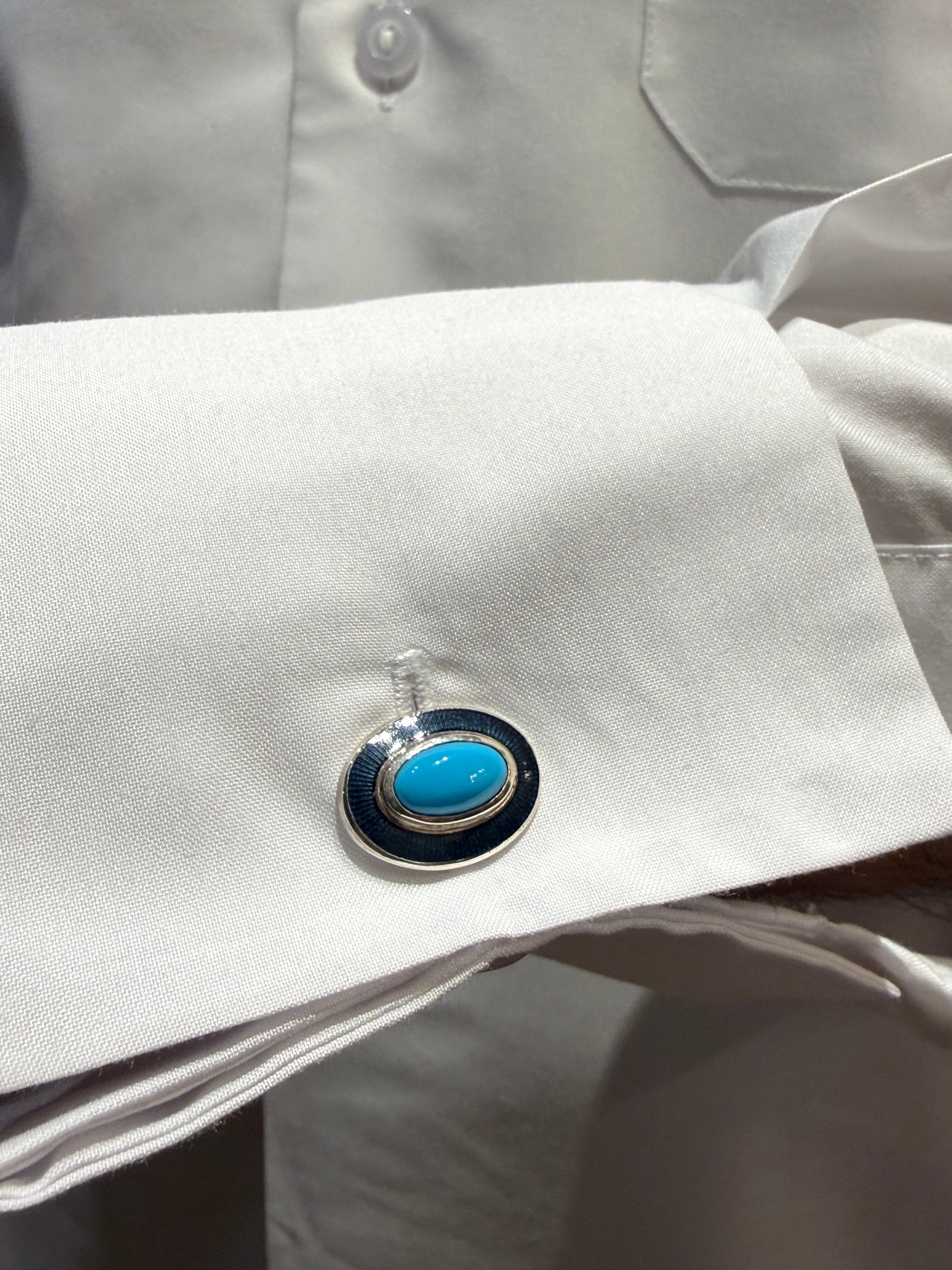 Oval Sterling Silver cufflinks with Turquoise & enamel border