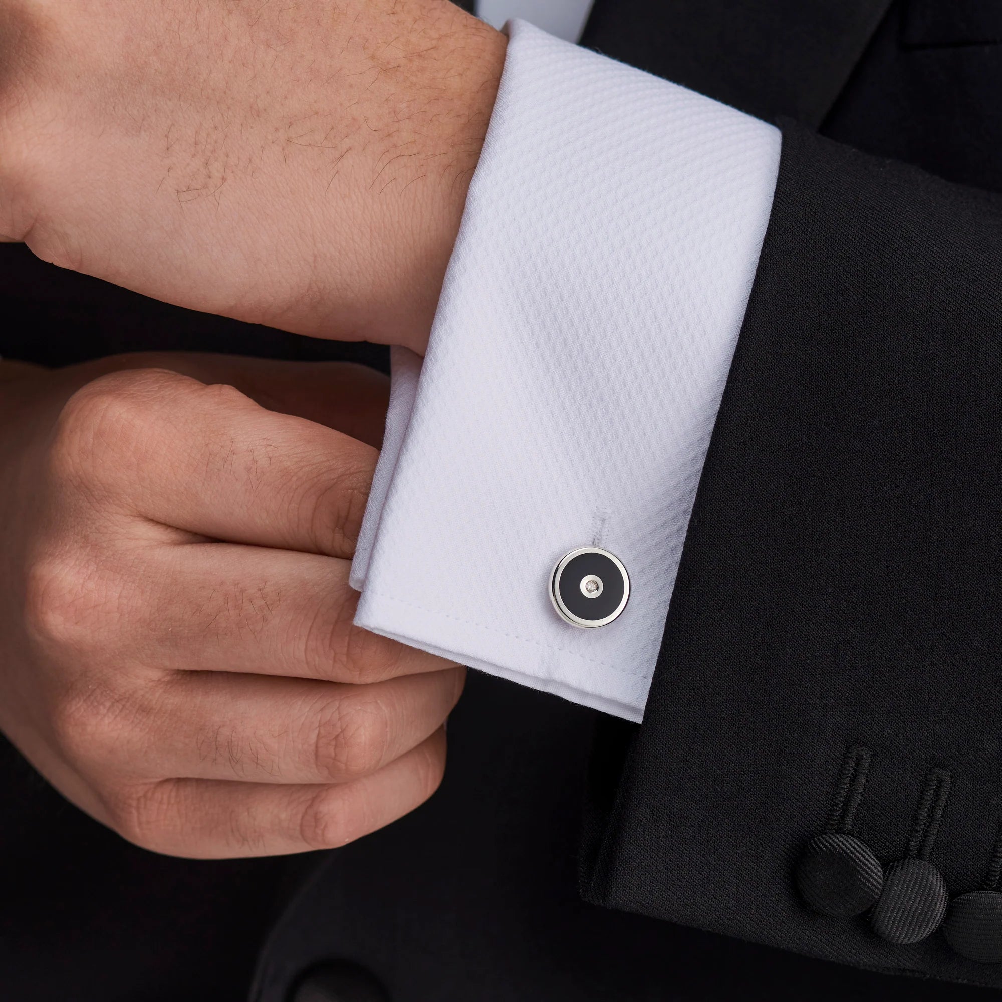 Sterling Silver Round Cufflinks with Onyx and Diamond