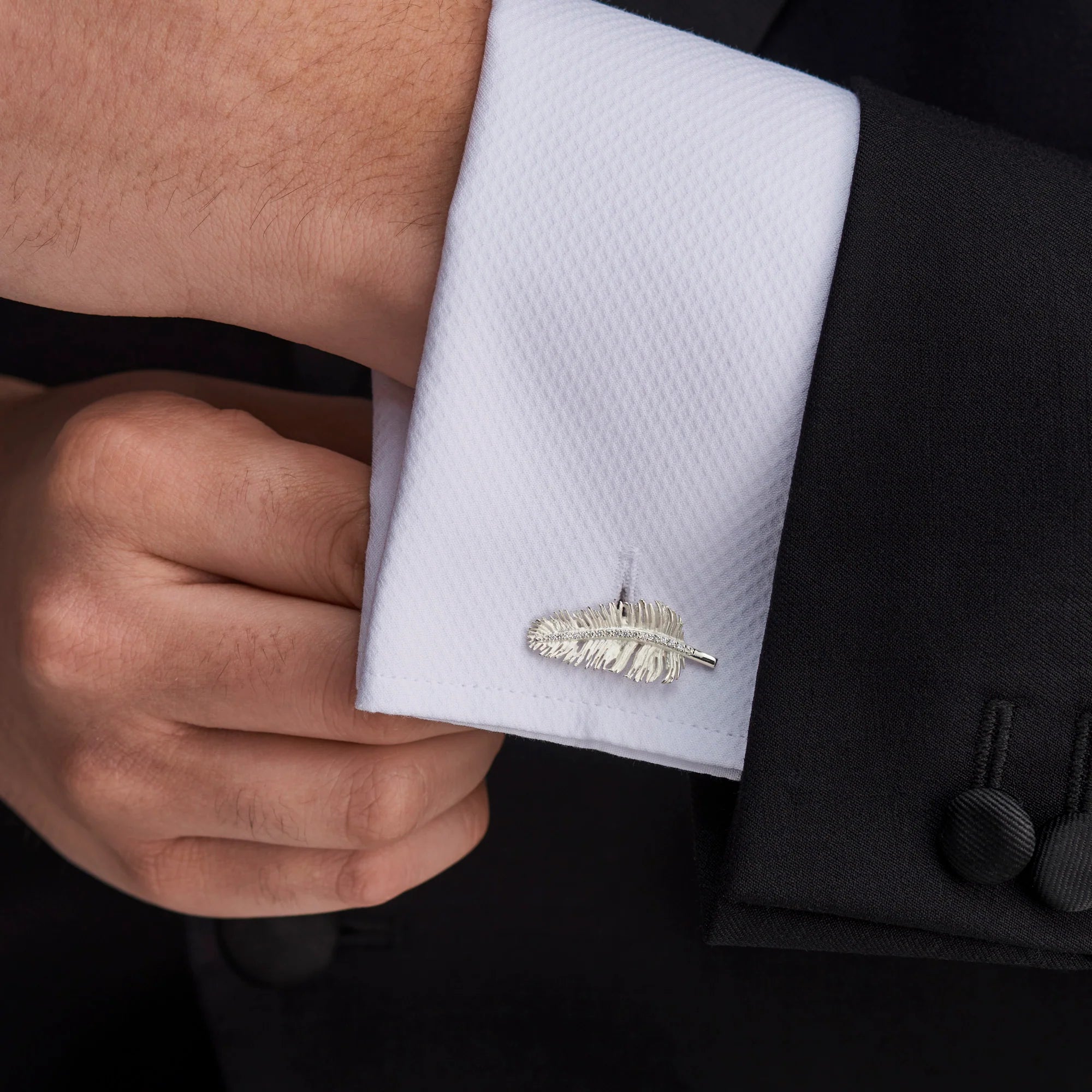 Sterling Silver Feather Cufflinks With Diamond Detail