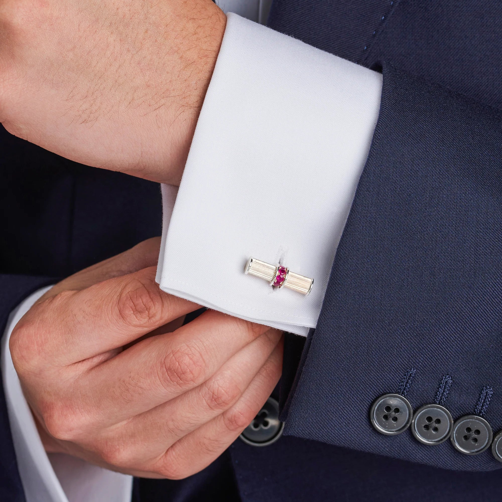 Sterling Silver Bar Cufflinks With Ruby Centre