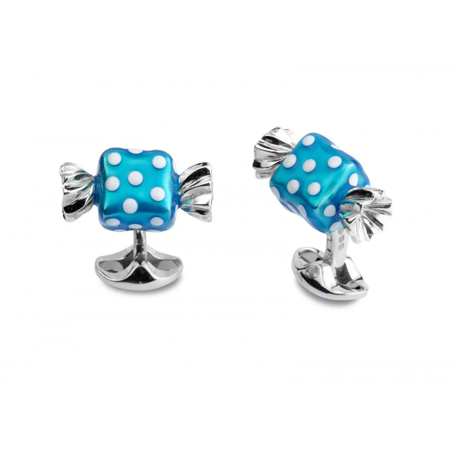 Sterling Silver Blue Square Sweet Cufflinks with White Polkadots