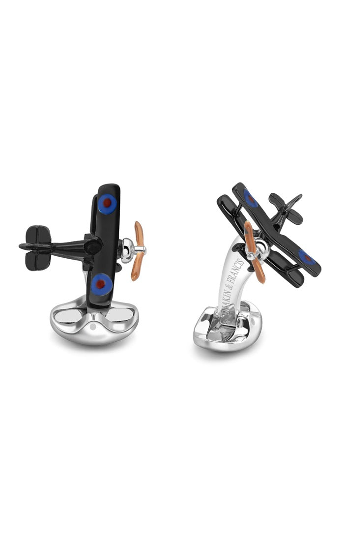 Bi Plane Cufflinks with Enamelled Propeller in Sterling Silver