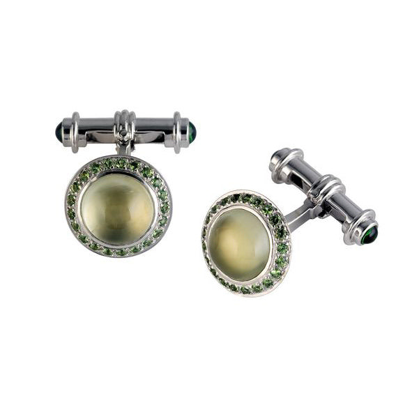 Prehnite Cufflinks with Tsavorite Border, 18ct WG