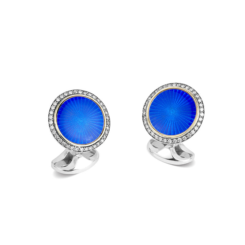 Blue Enamel Circular Cufflinks with Diamond Border