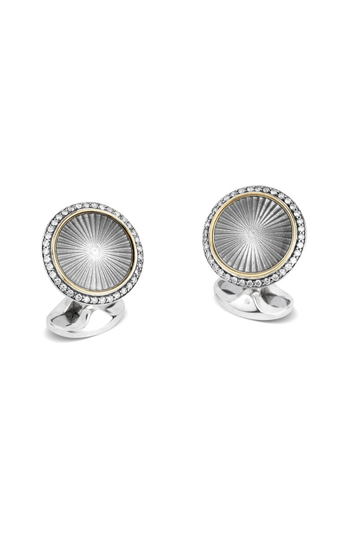Grey Enamel Circular Cufflinks with Diamond Border