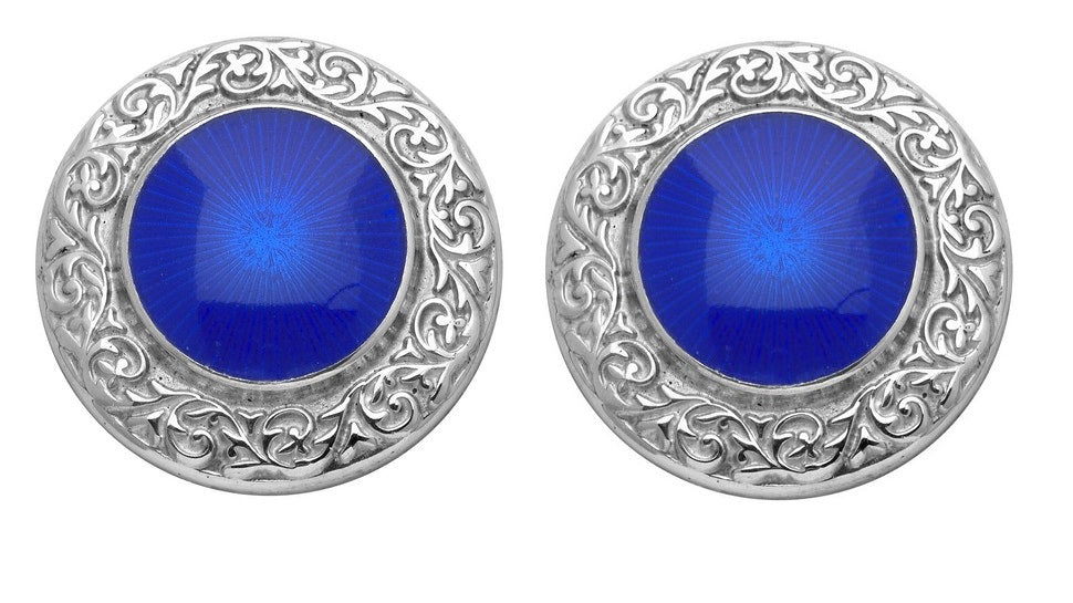 Round Blue enamel cufflinks engrave pattern border